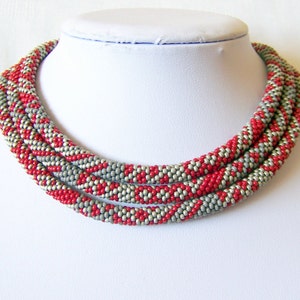 Long Beaded Crochet Rope Necklace Beadwork necklace Wrap necklace Geometric necklace Patchwork necklace Red Grey Silver image 1