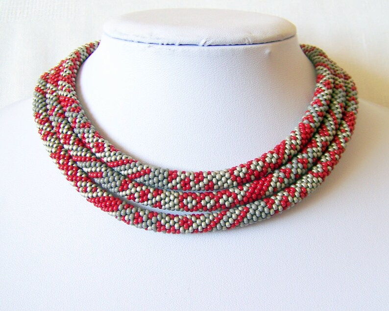 Long Beaded Crochet Rope Necklace Beadwork necklace Wrap necklace Geometric necklace Patchwork necklace Red Grey Silver image 1