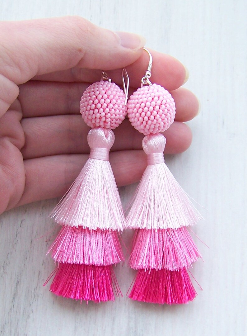 Ombre Pink Three Layered Tassel Earrings Tiered Fringe Etsy