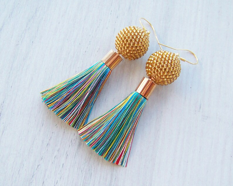 Colorful Silk Tassel and Beaded Ball Earrings Short - Etsy