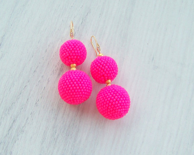 Neon Hot Pink Two Balls Earrings Balls Drop Earrings Pink Etsy