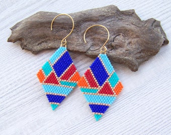 Colorful Geometric Beaded Earrings, Spring Summer Style earrings, Diamond Shaped Bead Rhombus Earrings, Boho Miyuki Delica Beads Earrings