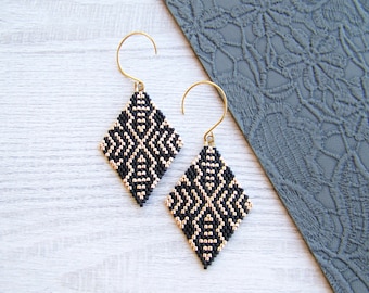 Pendientes geométricos de oro negro con cuentas, pendientes de rombos con cuentas en forma de diamante, pendientes bohemios, pendientes de cuentas Miyuki Delica, pendientes con cuentas