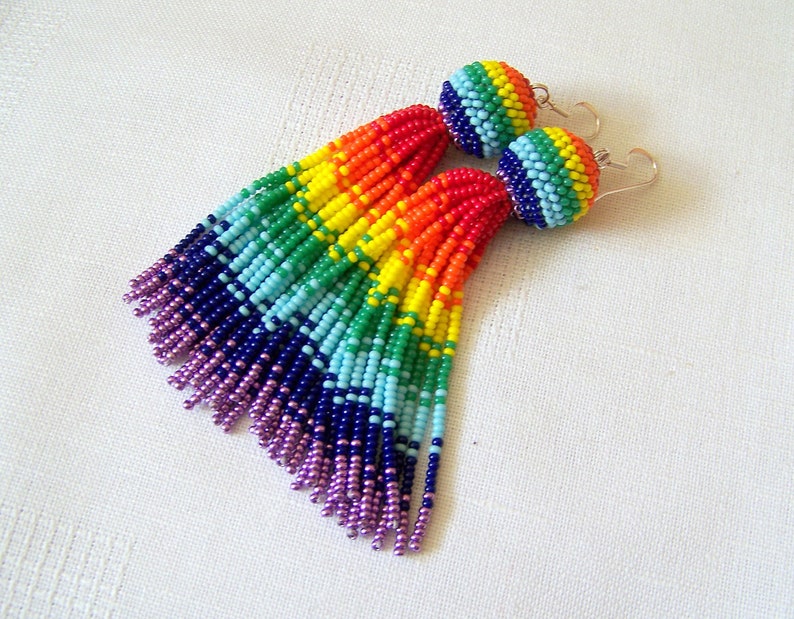 Rainbow beaded tassel earrings Luxury Pride Fringe Earrings Etsy
