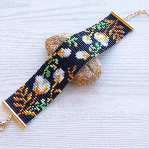 Cotton flowers print bracelet, Adjustable Miyuki Delica beads bracelet, floral woven loom jewelry, boho seed bead flat bracelet