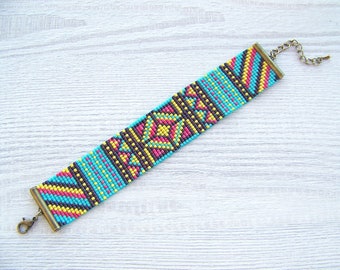 Patchwork pattern Loom bracelet, Miyuki Delica beads adjustable bracelet, loom geometric jewelry, modern seed bead flat bracelet