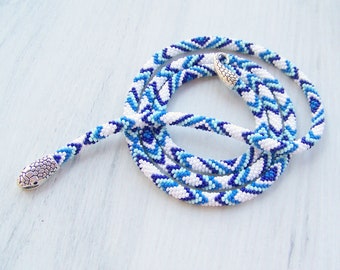 Chevrons Snake Serpent wrap necklace - beaded Ouroboros necklace in White and Blue - Long Beaded Crochet Rope Necklace - Summer Ocean Beach