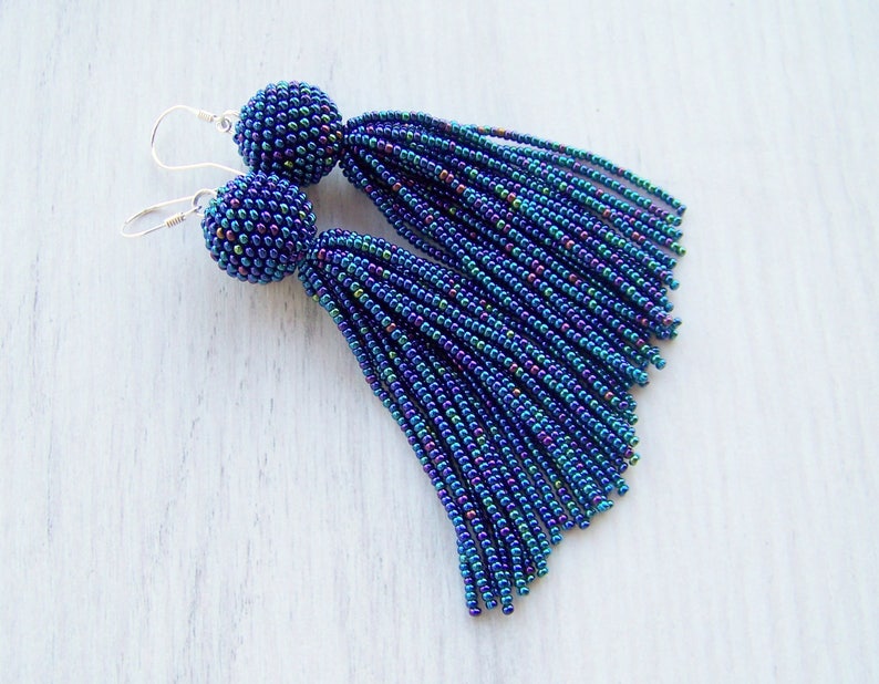 Statement Earrings Dangle Iridescent blue earrings Long tassel earrings beadwork earrings Beaded tassel earrings Fringe earrings