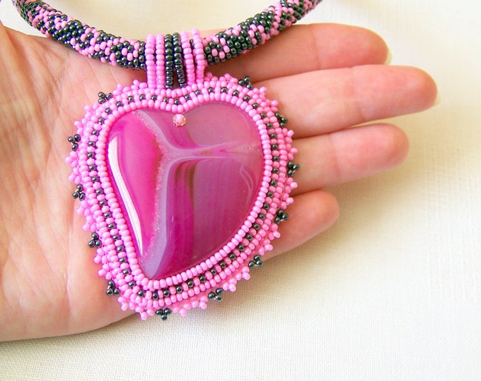 Beadwork Bead Embroidery Pendant Necklace With Agate PINK Etsy