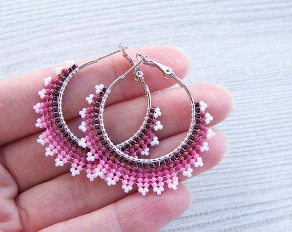 Beaded Hoop Earrings in Ombre Red and Pink, Lightweight