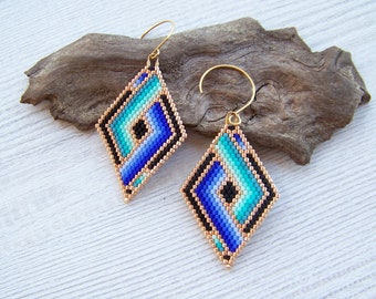 Diamond Shaped Bead Rhombus Earrings, Beaded Earrings, Geometric blue turquoise Bead Earrings, Boho earrings, Miyuki Delica Beads Earrings