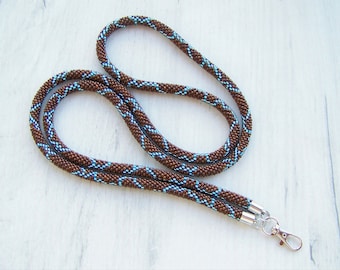 Beaded badge holder - woman beaded lanyard - teacher ID card holder - nurse lanyard - brown and blue lanyard - gift ideas for teacher