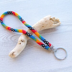 Beaded Geometric abstract keychain, Wrist keychain, Beaded key fob, Colorful beaded wristlet, Bead crochet keychain, Beadwork  wristlet