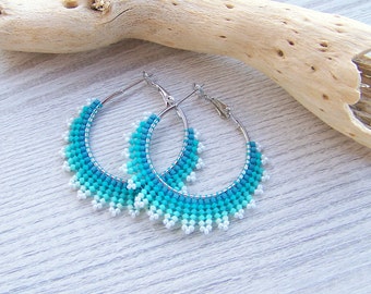 Beaded hoop earrings in ombre turquoise and white, lightweight earrings with Miyuki Delica beads, Beadwork seed beads Modern earrings