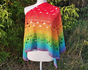 Handmade Crochet Lace Shawl in Ombre rainbow colors. Triangle boho wrap scarf - READY TO SHIP