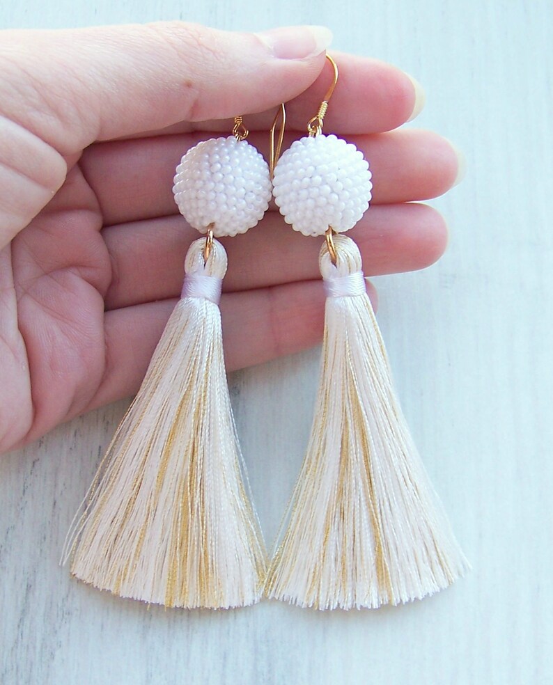 Luxury white beaded tassel earrings Wedding Silk Tassel Etsy