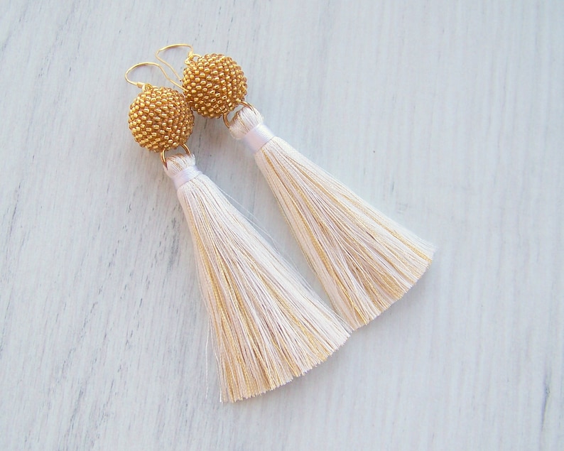 White and Gold Tassle Earrings Long Wedding Silk Tassel Etsy
