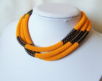 Orange and black long beaded crochet rope necklace - Geometric necklace - classic jewelry - seed bead necklace - statement necklace