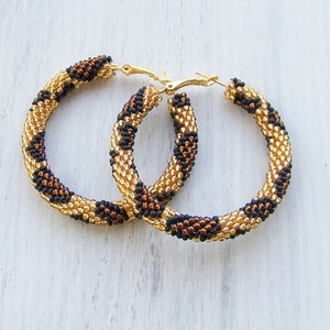 Brown Golden Beaded hoop earrings - Beadwork - Leopard skin print - seed beads earrings - Geometric earrings - animal print