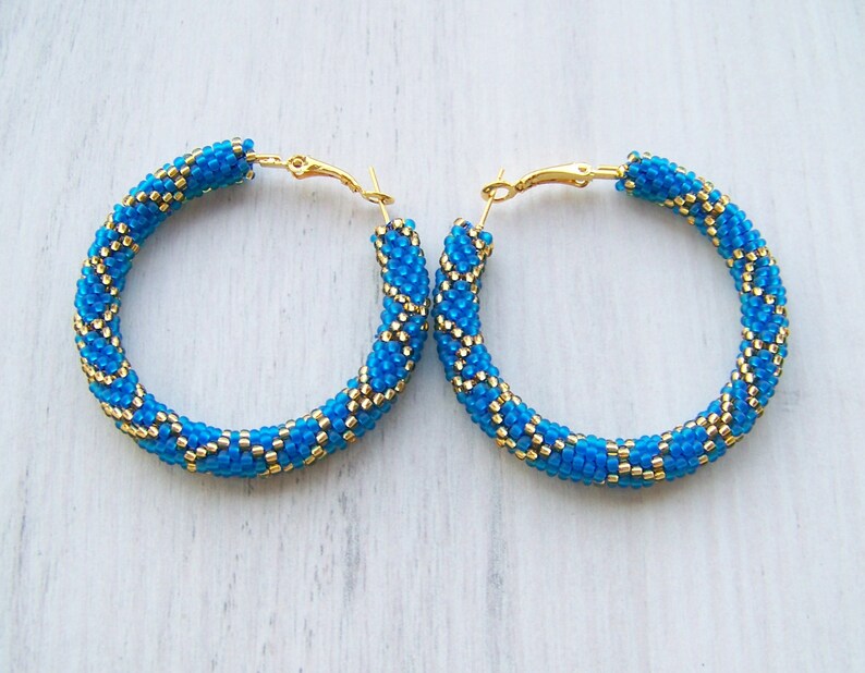 Beaded Blue and Gold Hoop Earrings Beadwork Beaded Jewelry | Etsy