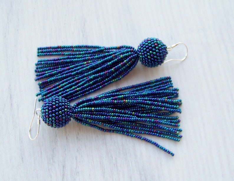 Statement Earrings Dangle Iridescent blue earrings Long tassel earrings beadwork earrings Beaded tassel earrings Fringe earrings