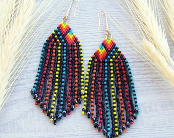 Geometric fringe beaded earrings, Boho chic Jewelry, Long dangling unique colorful bohemian earrings made of miyuki Delica beads