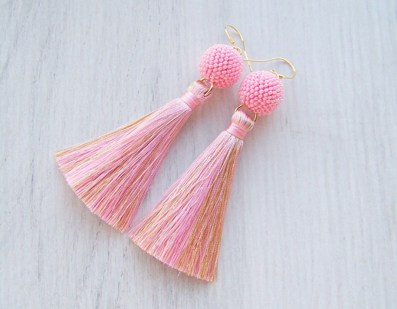 Fringe earrings Lightweight Dangle long tassle earrings Pink and Gold silk tassel and beaded ball earrings Statement Earrings