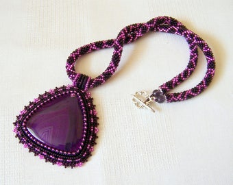 Purple and Pink Agate necklace - Beadwork Bead Embroidery Pendant Necklace - Statement necklace - PURPLE JOY - Triangle pendant