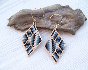 Diamond Shaped Bead Rhombus Earrings, Boho earrings, Beaded Earrings, Geometric black grey gold Bead Earrings, Miyuki Delica Beads Earrings