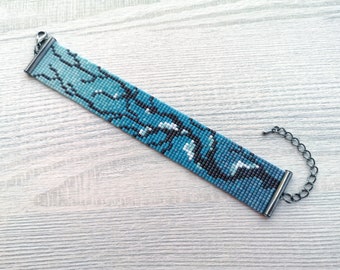 Winter Snowy Tree bracelet, Miyuki Delica beads adjustable bracelet,  Landscape Holidays Painting jewelry, modern seed bead flat bracelet