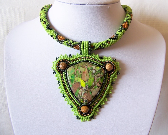 Bead Embroidery Statement Beadwork Pendant Necklace with Green sea sediment jasper - Green Land - green, dark green, brown - big pendant