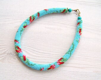 Bead crochet necklace with roses - Beaded rope necklace - Handmade jewelry - Beadwork - Flower - sky blue, green, red