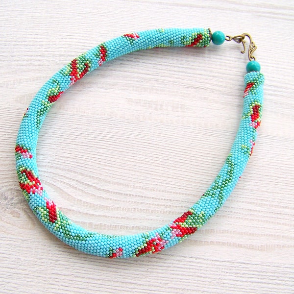 Bead crochet necklace with roses - Beaded rope necklace - Handmade jewelry - Beadwork - Flower - sky blue, green, red