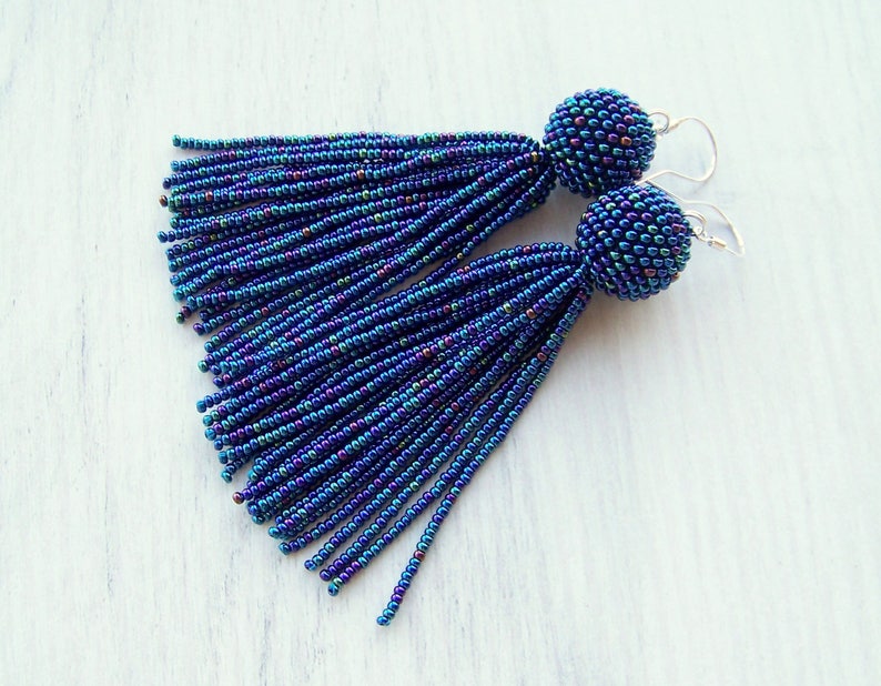 Statement Earrings Dangle Iridescent blue earrings Long tassel earrings beadwork earrings Beaded tassel earrings Fringe earrings