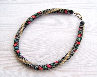 Beaded crochet rope necklace - geometric pattern - Beaded necklace - Handmade jewellery - Beadwork  - silver grey, golden, red, green, blac