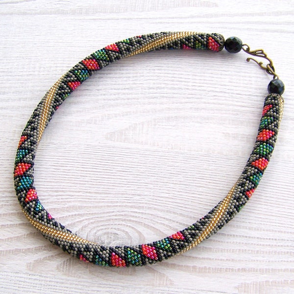 Beaded crochet rope necklace - geometric pattern - Beaded necklace - Handmade jewellery - Beadwork  - silver grey, golden, red, green, blac