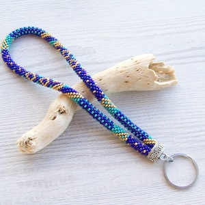 Wrist keychain, Beaded key fob, Beaded blue patchwork keychain, Modern beaded wristlet, Bead crochet key chain, Beadwork  wristlet