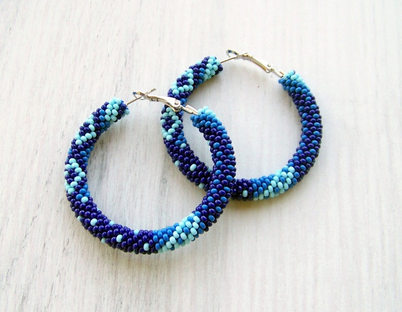 Blue Beaded Hoop Earrings Beadwork Earrings Beaded Jewelry Etsy