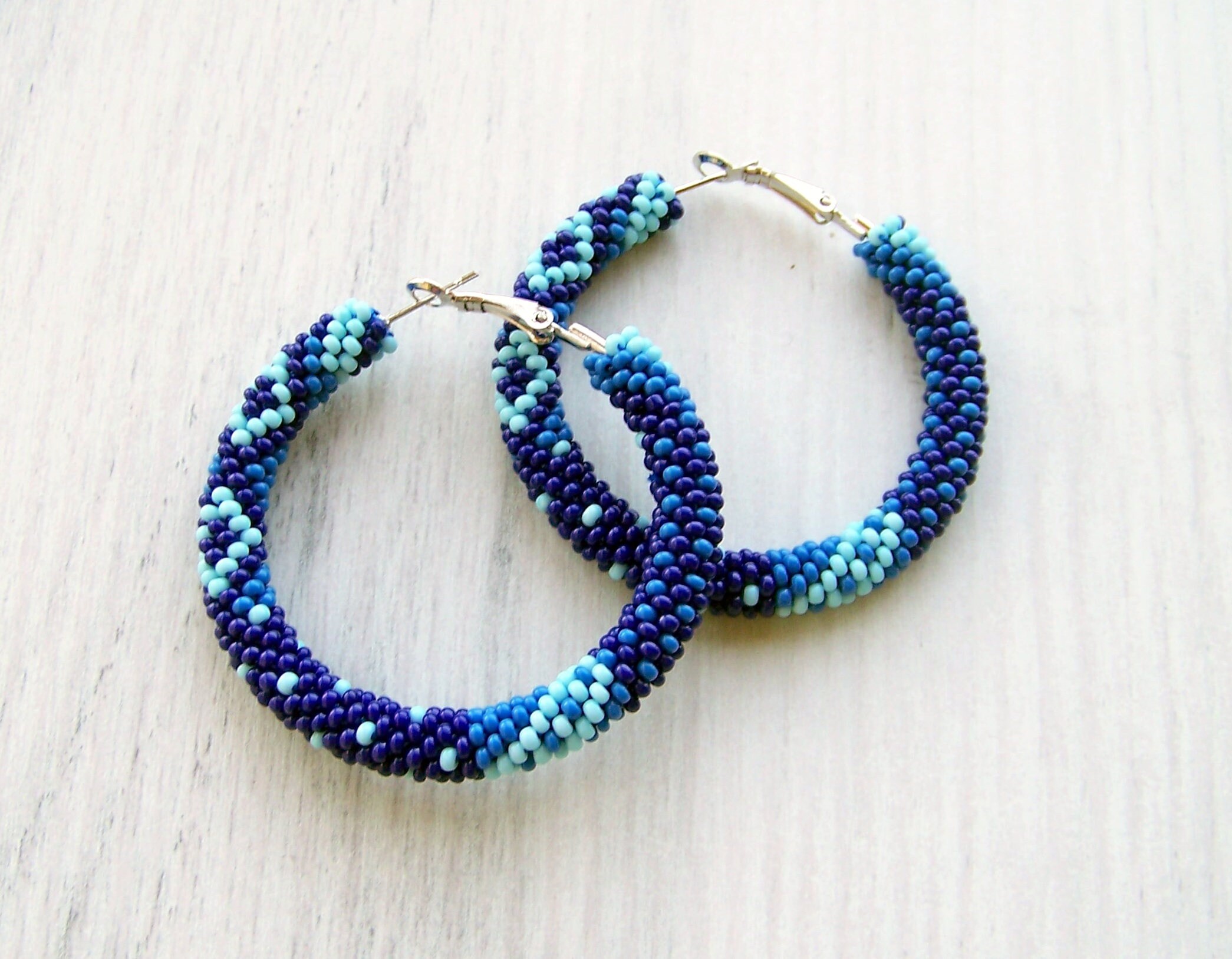 Blue Beaded hoop earrings Beadwork earrings beaded jewelry Etsy