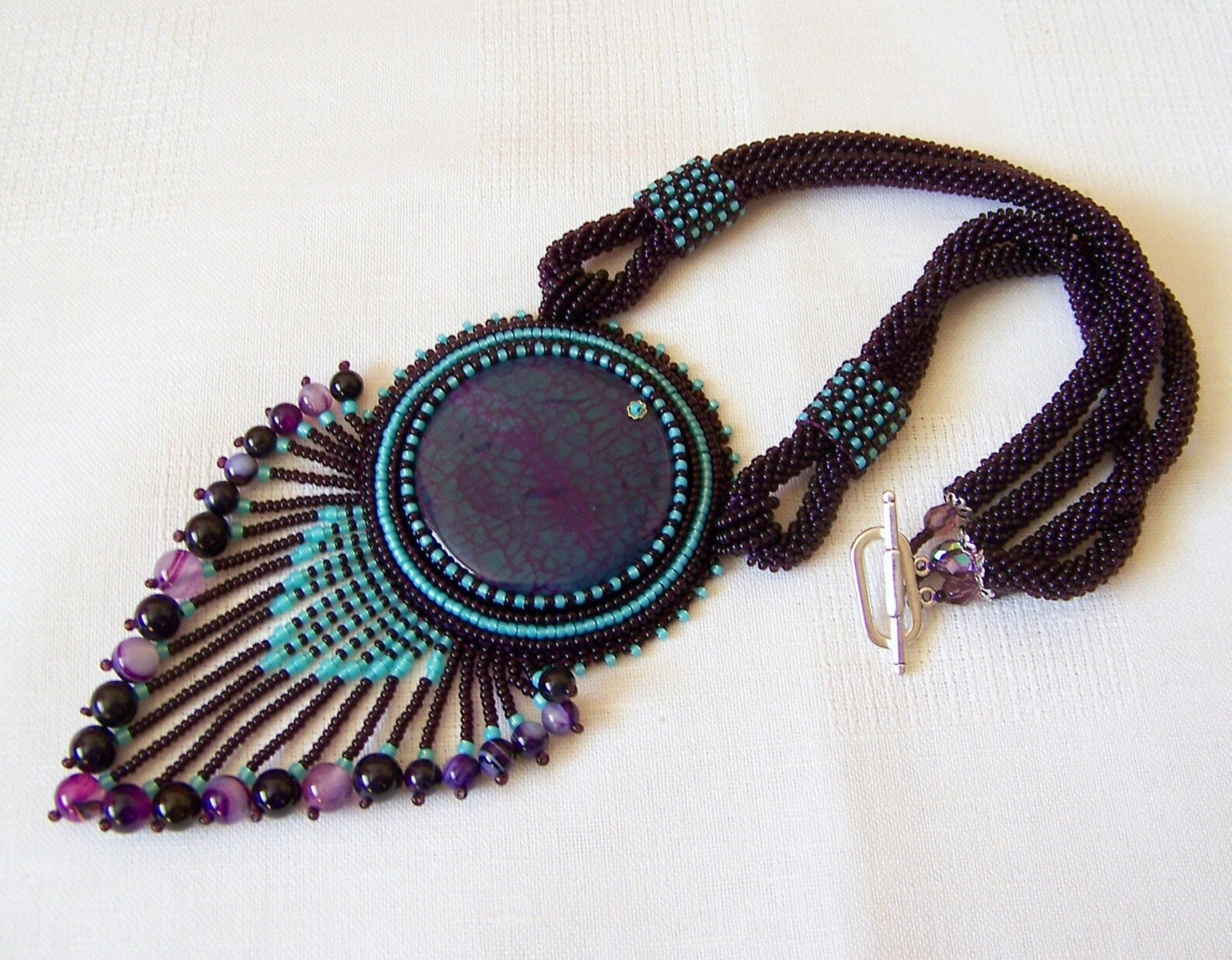 Bead Embroidery Necklace Pendant Beadwork Necklace With Agate Etsy