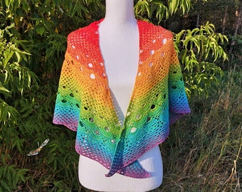 Handmade Crochet Lace Shawl in Ombre rainbow colors. Triangle boho wrap scarf - READY TO SHIP