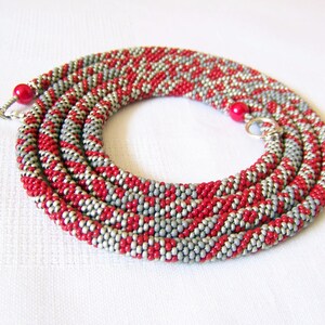 Long Beaded Crochet Rope Necklace Beadwork necklace Wrap necklace Geometric necklace Patchwork necklace Red Grey Silver image 3