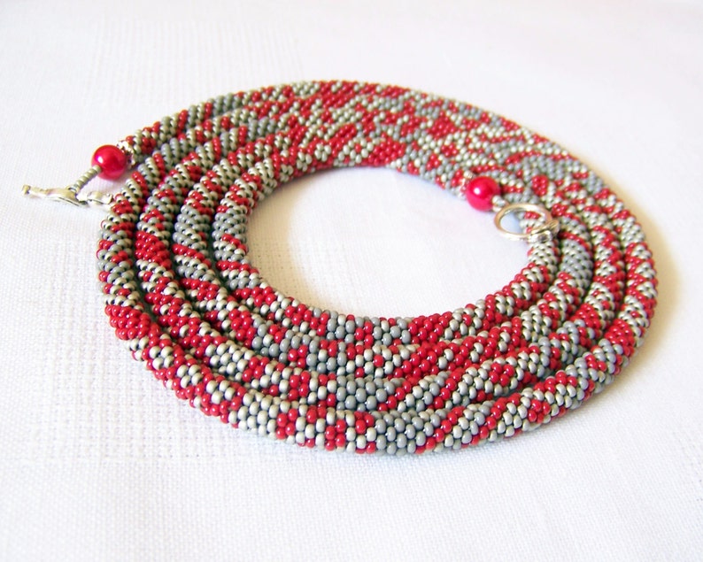 Long Beaded Crochet Rope Necklace Beadwork necklace Wrap necklace Geometric necklace Patchwork necklace Red Grey Silver image 3