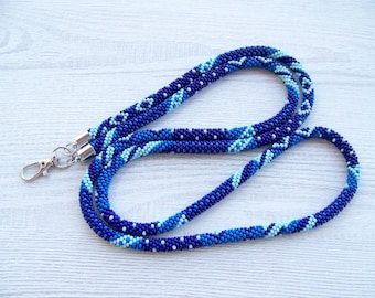 Blue Patchwork bead crochet lanyard - modern long lanyard with id holder - woman beaded lanyard - teacher nurse ID card holder