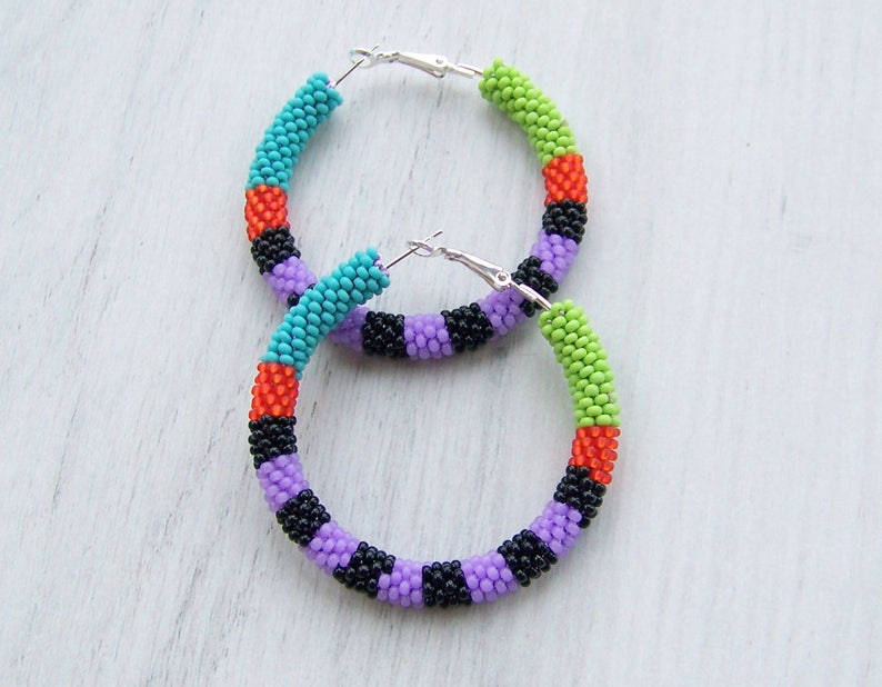 Beaded Colorful Hoop Earrings Beadwork Beaded Jewelry - Etsy