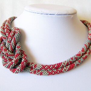 Long Beaded Crochet Rope Necklace Beadwork necklace Wrap necklace Geometric necklace Patchwork necklace Red Grey Silver image 2