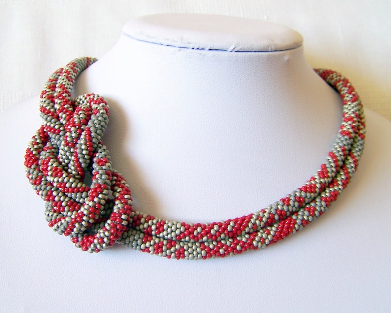 Long Beaded Crochet Rope Necklace Beadwork necklace Wrap necklace Geometric necklace Patchwork necklace Red Grey Silver image 2