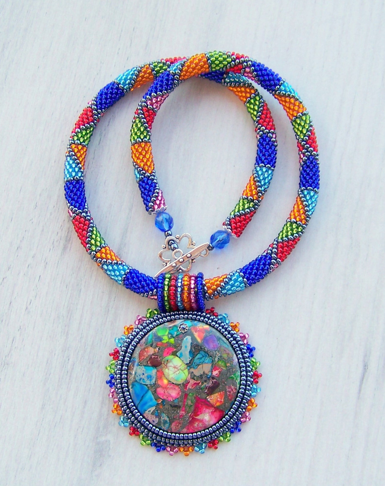 Bead Embroidery Necklace Pendant Beadwork With Rainbow Sea Etsy