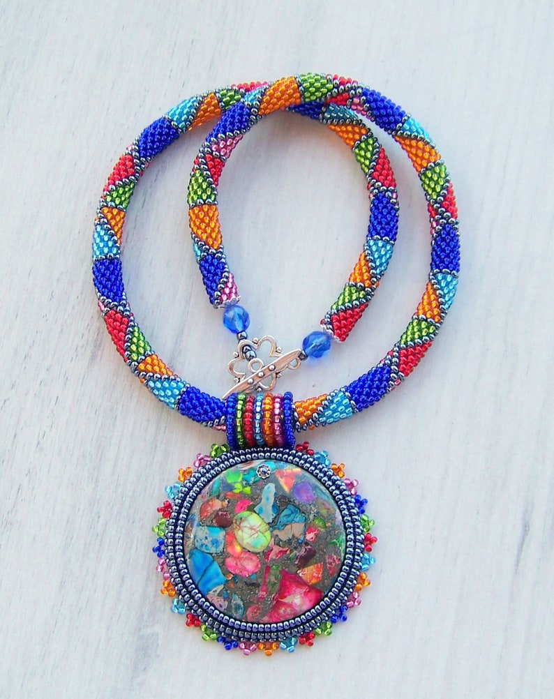 Bead Embroidery Necklace Pendant Beadwork with Rainbow Sea Jasper and Pyrite SUMMER FUN Summer collection Geometric Statement Modern image 4