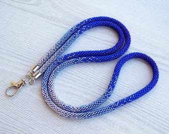 Blue Beadwork Lanyard - teacher ID card holder - Nurse Beaded Badge Holder - Beaded Id Holder - ID card Necklace - Ombre lanyard
